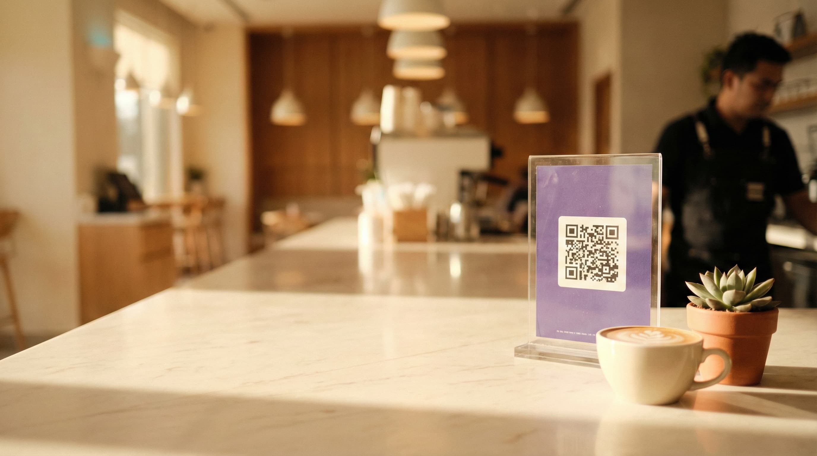 Cafe counter with a Loyal-T Cards QR stand, a latte, and a succulent