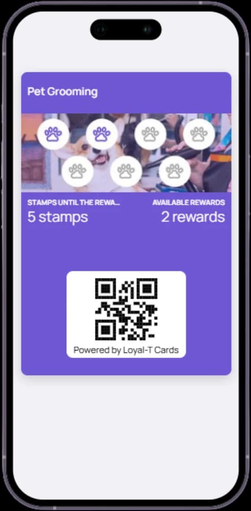 Phone showing a branded loyalty card in a wallet with stamp progress, available rewards and a QR code, powered by Loyal-T Cards