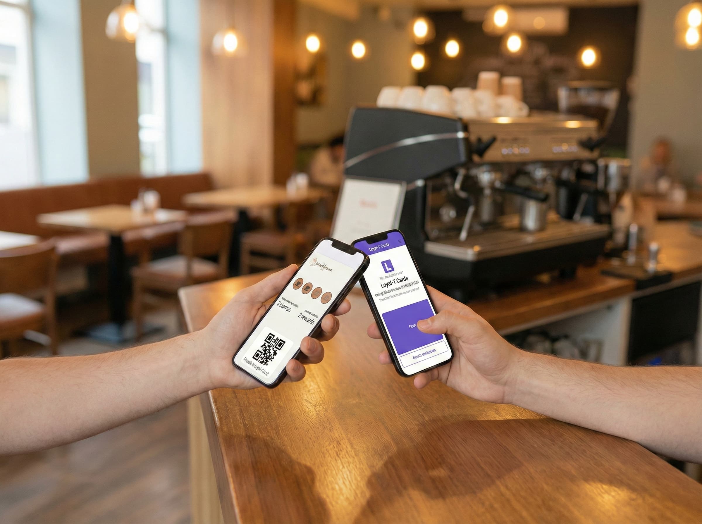 Staff member scanning a customer's loyalty card with the Loyal-T Cards scanner at a cafe counter